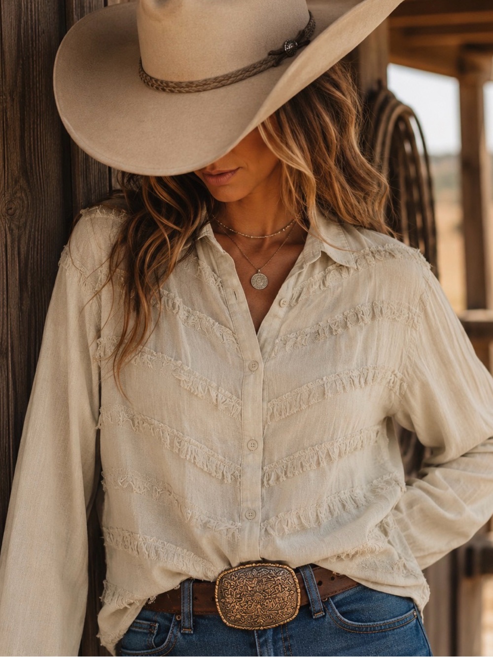 Coastal casual Linen ruffle front shirt